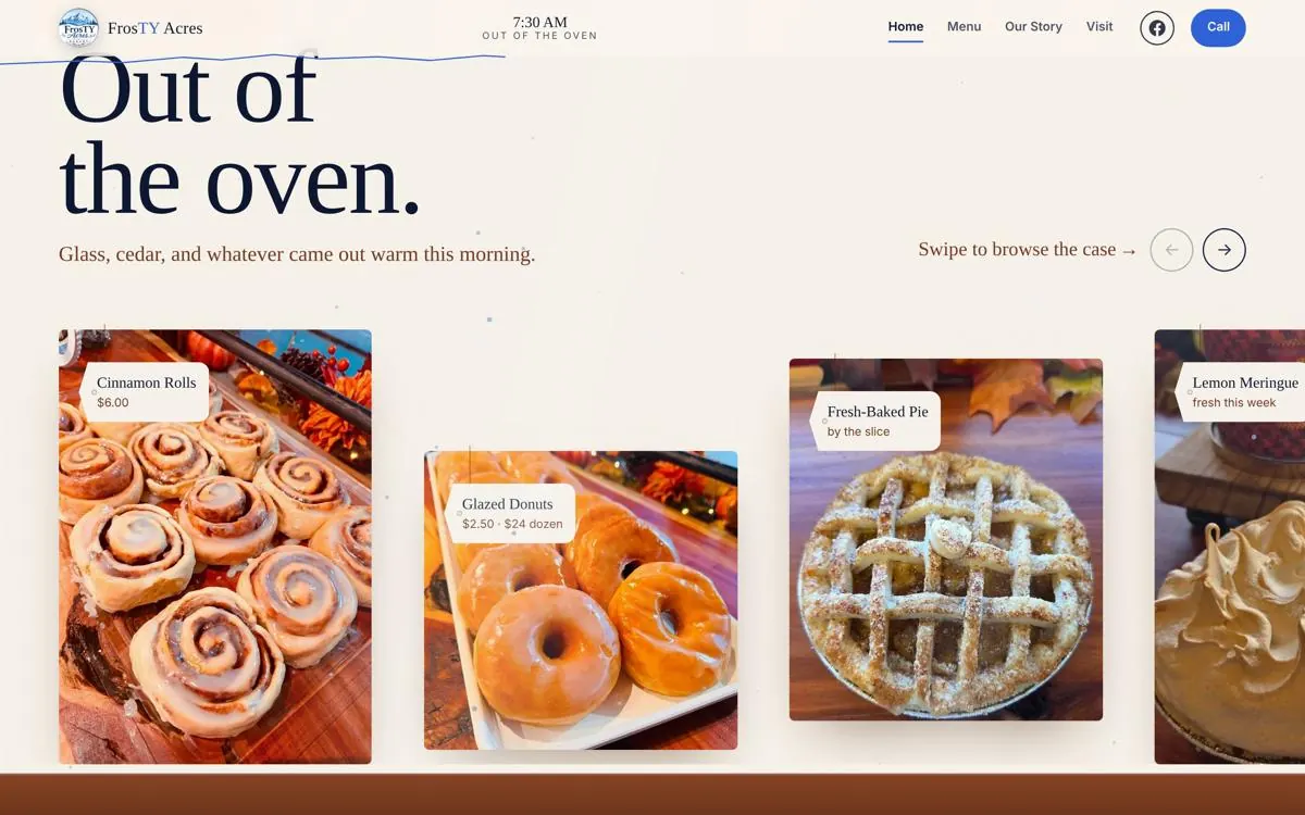 FrosTY Acres Bakery & Cafe website, section 2