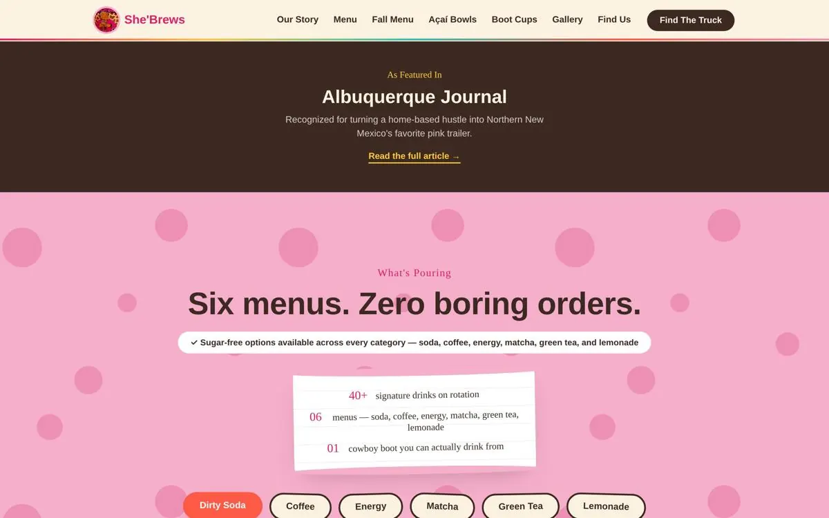 She'Brews Coffee Co. website, section 1
