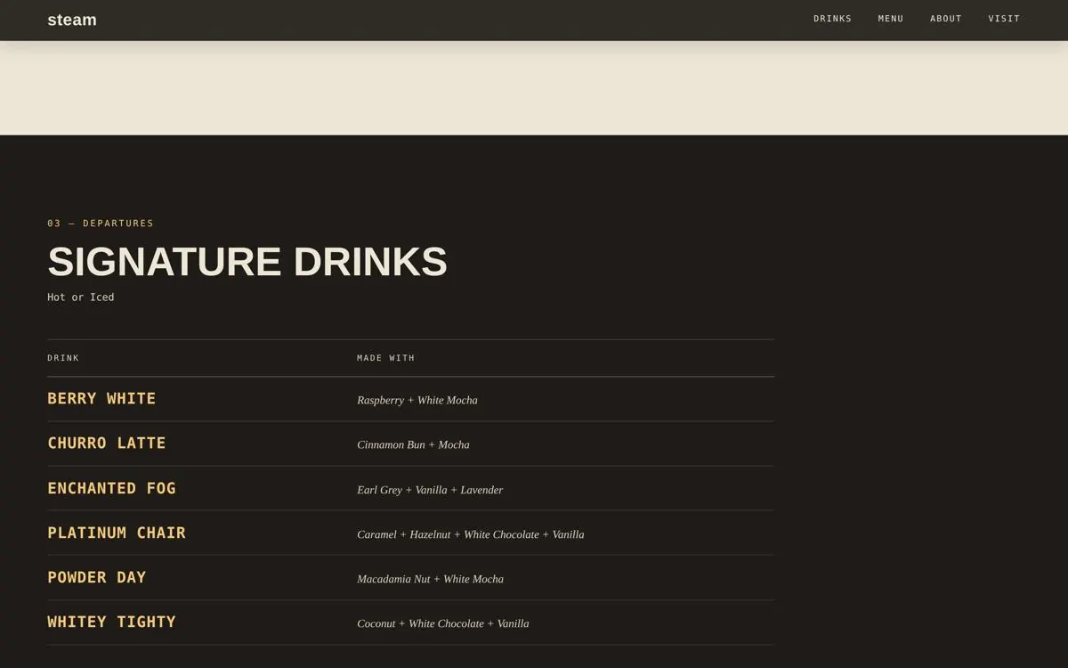 Steam Coffee & Tea Co. website, section 2
