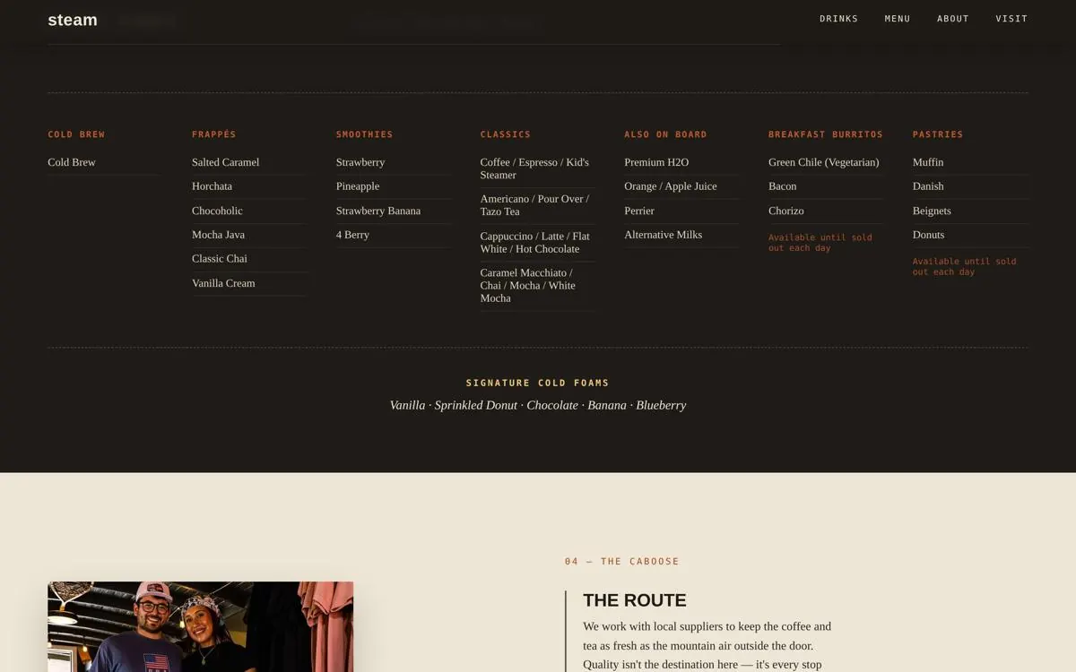Steam Coffee & Tea Co. website, section 3